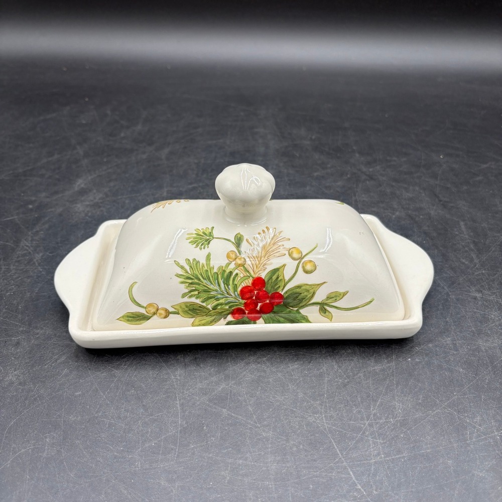 Maxcera Handcrafted Ceramic Butter Dish Holiday Holly Berry Christmas White